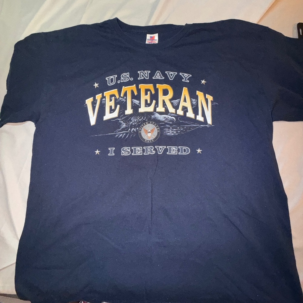 Bayside US Navy Veteran T-Shirt Mens 2XL Navy Blue Excellent Made in USA Graphic